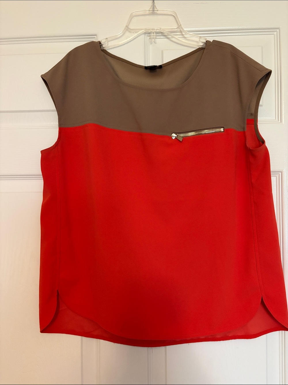 Ann Taylor Orange and Taupe Colorblock Sleeveless Blouse with Zip Accent